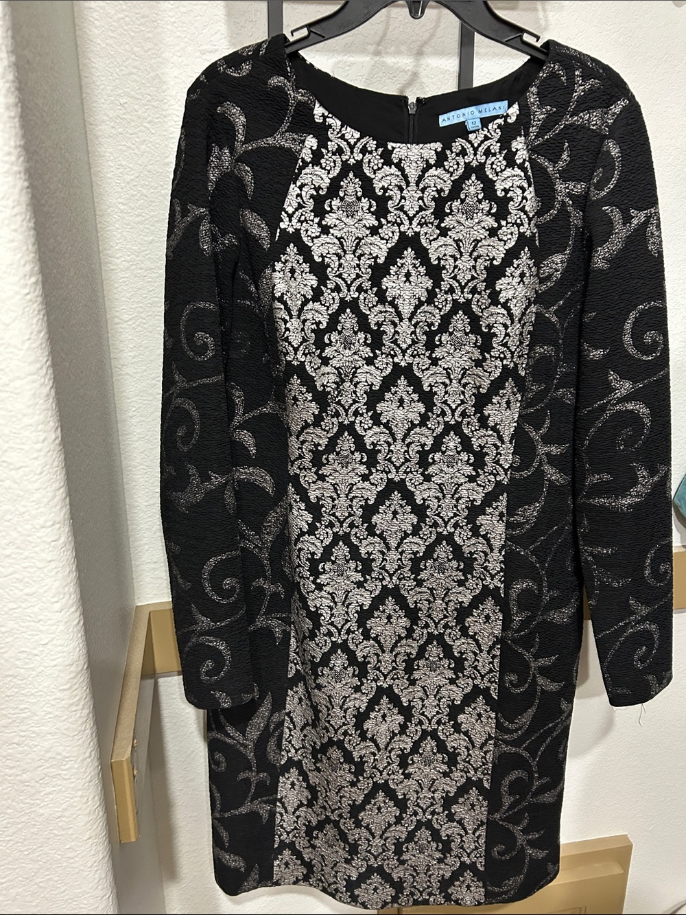ANTONIO MELANI Black and Silver Damask Long Sleeve Sheath Dress